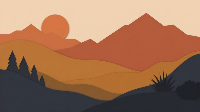 Tactile vector-art aesthetic featuring terracotta, ochre, and charcoal paper layers. Soft drop shadows create depth in this clean modern landscape, perfect for web headers