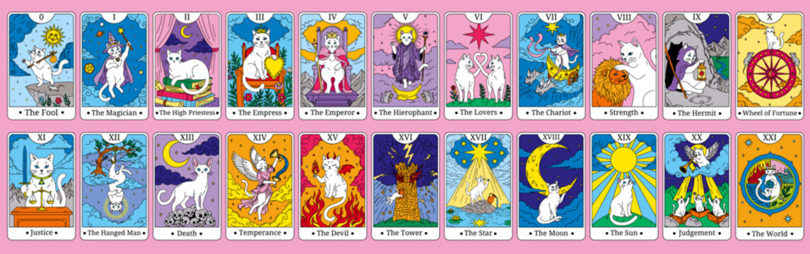 Colorful cat tarot card collection featuring the complete Major Arcana with mystical feline characters celestial symbols and classic divination imagery