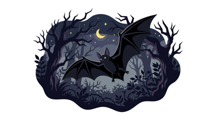 Obraz premium Halloween Night Forest Illustration Vector. Two Flying Black Bats in Spooky Woodland. Midnight Sky with Crescent Moon and Stars. Dark Blue and Purple Halloween Graphic Supplies for Night