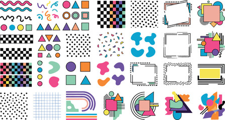 Obraz premium Retro Memphis Style Geometric Element Vector Set with Abstract Shapes, Colorful Patterns, Polka Dots, Grid Lines, Squiggles, and Quirky Frame Designs