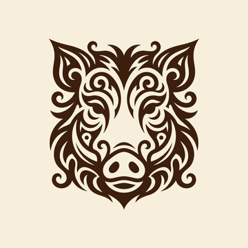 Ornate tribal wild boar head logo on beige.