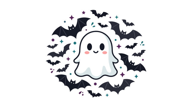 Cute cute kawaii halloween ghost surrounded by flying bats frame design. Spooky spirit character illustration set for holiday decorations, party invitations, greeting cards, web design