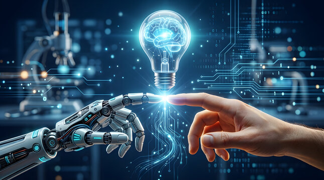 Robot hand touching human finger with glowing brain lightbulb for AI innovation concept