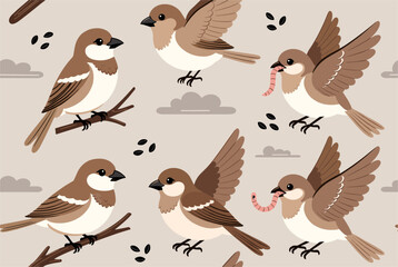 Obraz premium Beautiful seamless pattern of cute sparrows sitting on branches flying and eating worms in autumn colors.
