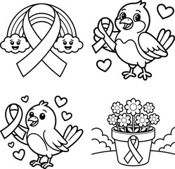 Naklejka premium Cute cartoon ribbon symbols with rainbow clouds birds and flowers.
