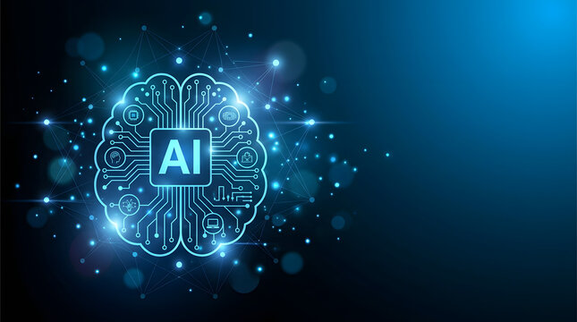 Artificial intelligence brain concept with glowing digital circuit board and neural network.