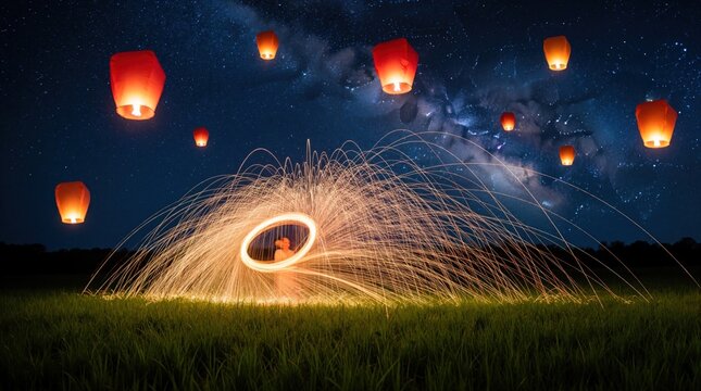 Glowing sky lanterns float in starry night sky above Milky Way. Person performs light painting with fire spinning tool in dark field. Spark trails create bright orange circle amidst magic atmosphere