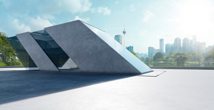 3d rendering modern concrete building with city skyline and park view