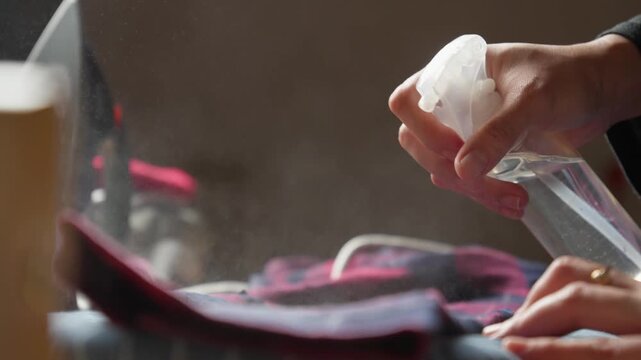 Person spraying ironing spray onto clothes before pressing