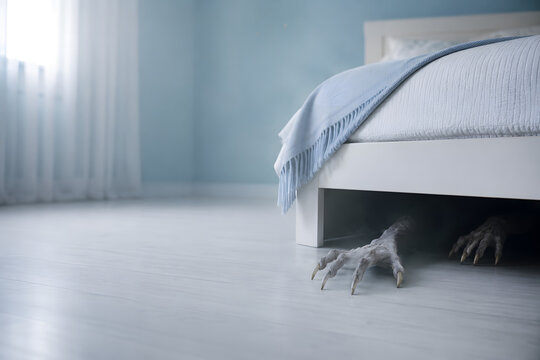Creepy hands reaching from under bed in bedroom, childhood fear and nightmare horror concept