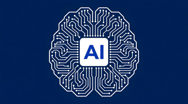 Artificial intelligence brain icon with digital circuit board lines on blue background