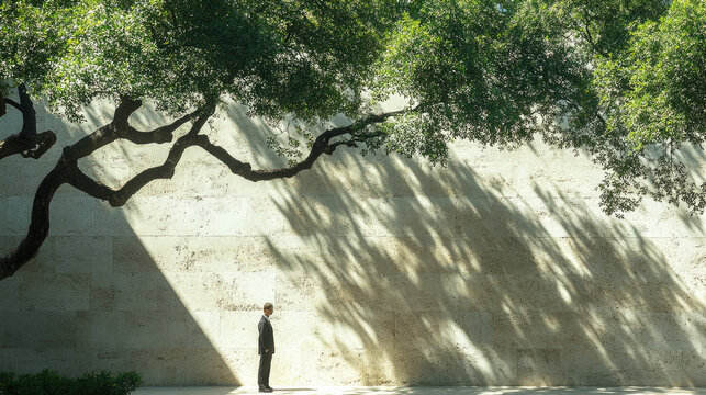 Solitary businessman stands in dappled sunlight under a large tree's shadow on a textured wall background.