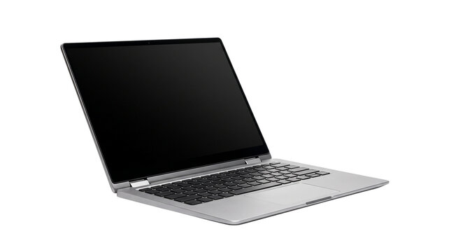 Modern silver laptop with blank black screen, sleek aluminum notebook computer for business, portable digital device for work isolated PNG with Transparent Background