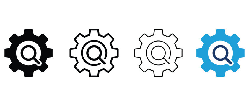 gear icons with magnifying glass symbol for search functionality and settings isolated on transparent background