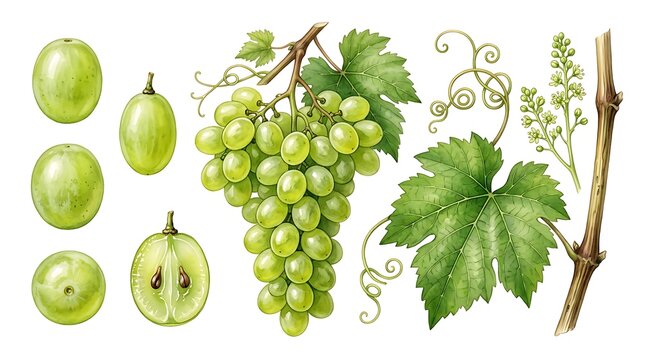 Detailed watercolor illustration of fresh green grapes with leaves and vine isolated on white background