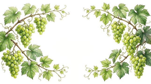 Watercolor illustration of green grape bunches with vine leaves forming a decorative floral frame border design