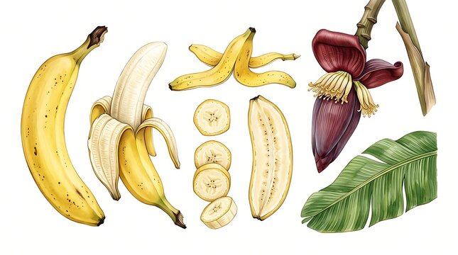 Watercolor illustration set of fresh yellow bananas peeled fruit slices banana blossom and green tropical leaf