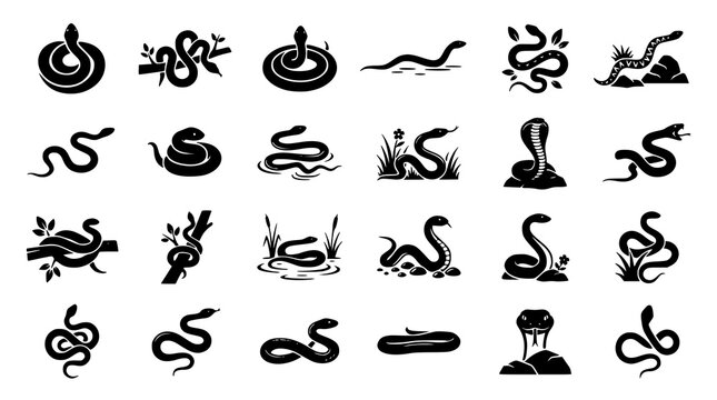 Snake Silhouette Collection Reptile Wildlife Black Vector Icon Set 24