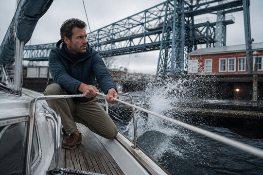 A focused man pulls a rope on a sailing boat while navigating rough waters near a bridge. Outdoor adventure concept for marine travel, lifestyle, and leisure activities.