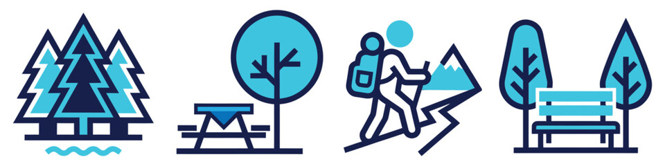 Fototapeta premium Graphic set of nature outdoor adventure icons with pine forest landscape picnic table hiking traveler climbing mountain and public bench for park activity illustrations.