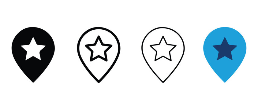 location pin icons with star symbols in different color styles isolated on transparent background