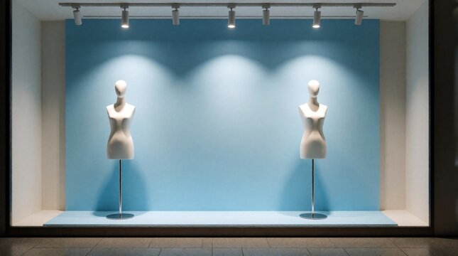 Two empty white mannequins stand in a bright storefront window. Spotlights illuminate the minimalist retail display against a pale blue backdrop, suggesting new season arrivals.