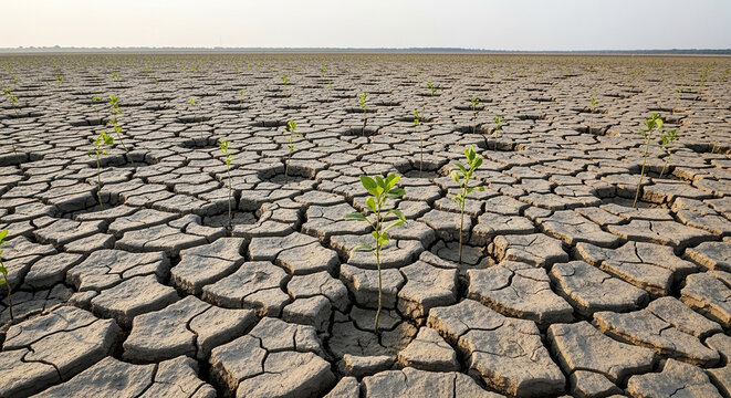 Cracked Dry Land With Small Green Seedlings
Drought-Affected Ground with Sparse Plants
Parched Desert Soil and Young Growth
Dry Cracked Earth Under a Bare Horizon
Struggling Seedlings in Arid Landscap