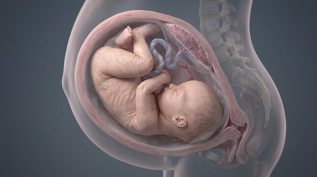 Human fetus developing inside uterus during pregnancy medical illustration