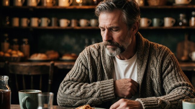 Man with grey beard sits in cozy cafe, looking down. He wears knit sweater, holds mug. Feeling thoughtful, perhaps worried, on chilly morning.
