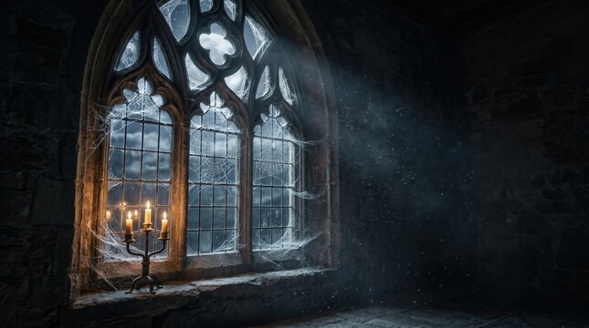 Spooky gothic window covered in cobwebs with burning candles on the sill. Haunted castle interior during a dark Halloween night.