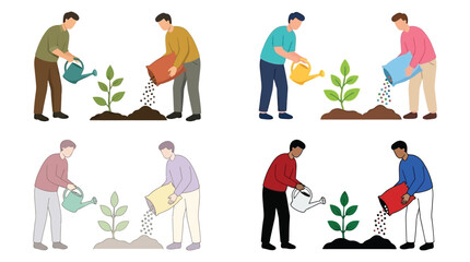 Fototapeta premium Diverse people gardening watering plants and fertilizing soil vector illustration