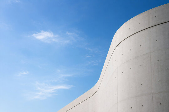 Geschwungene Sichtbetonfassade unter blauem Himmel