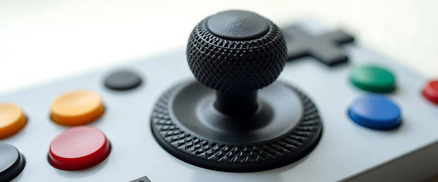 Close-up view of a black joystick controller with colorful buttons for retro arcade gaming.