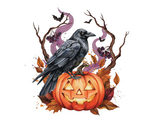 Naklejka premium watercolor Wicked Raven & Pumpkin vector illustration isolated on white background
