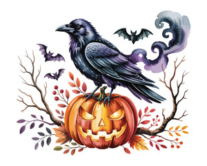 Naklejka premium Watercolor Raven and Jack O Lantern Clipart, Dark Halloween Fantasy Illustration, Isolated on White