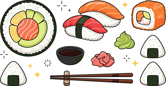Traditional Japanese cuisine vector illustration set featuring salmon maki tuna and salmon nigiri california roll onigiri rice balls soy sauce wasabi ginger and chopsticks isolated on white background
