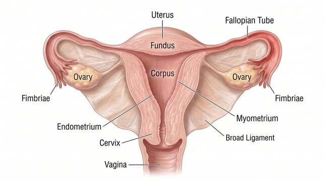 Medical illustration of female reproductive system anatomy with labels, ligament