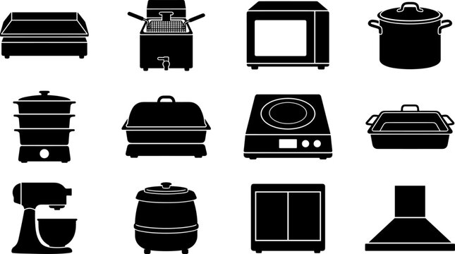 Commercial kitchen appliances and professional cooking equipment icon set featuring black glyph vector icons