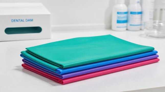 Brightly colored dental dam material neatly folded on transparent background, May 9th high fidelity v2-6x