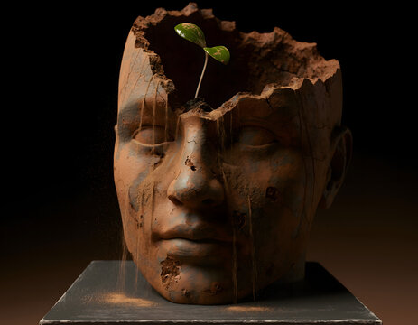 Conceptual Sculpture: Terracotta Head with Sprouting Plant Symbolizing New Ideas, Growth, and Mental Rebirth, Earthy Tones, Artistic Representation of Creativity and Potential