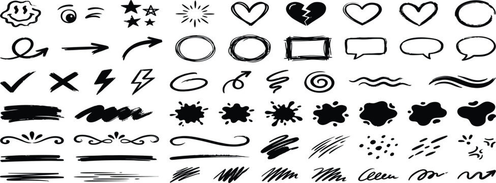 Hand drawn scribble marks set, squiggly lines arrows, sketchy hearts. Sketch brush strokes, doodles, frames underlines crayon, marker punk style texture elements. Grunge illustration pack editable art