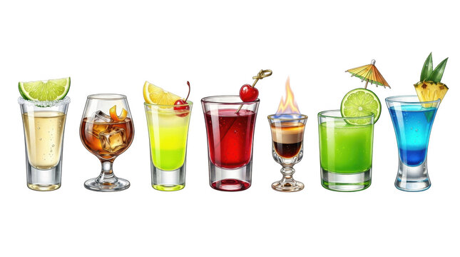 Collection of colorful alcoholic shot drinks with fruit garnishes isolated on transparent background