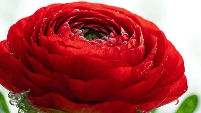 Red ranunculus flower in full bloom with layered petals and delicate water droplets, isolated against a soft light background