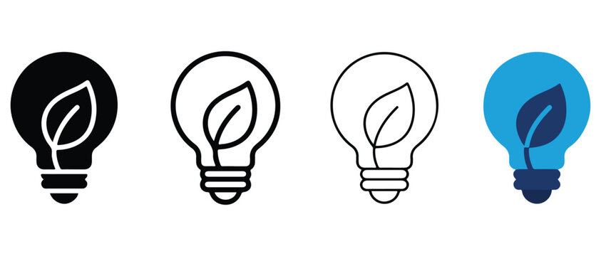  lightbulb icons with leaf designs representing ecofriendly innovation and green energy concepts