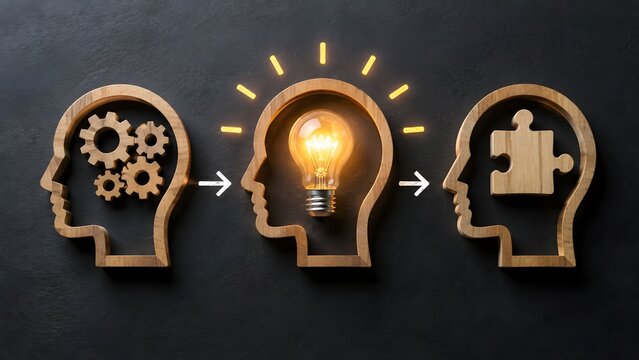 Wooden human head profiles with gears lightbulb and puzzle piece in sequence. Concept of cognitive psychology, human resources, and logic reasoning.