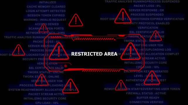 Restricted area digital security warning interface with red warning and cyber security system data logs for hacking prevention, network protection, and unauthorized access alert motion