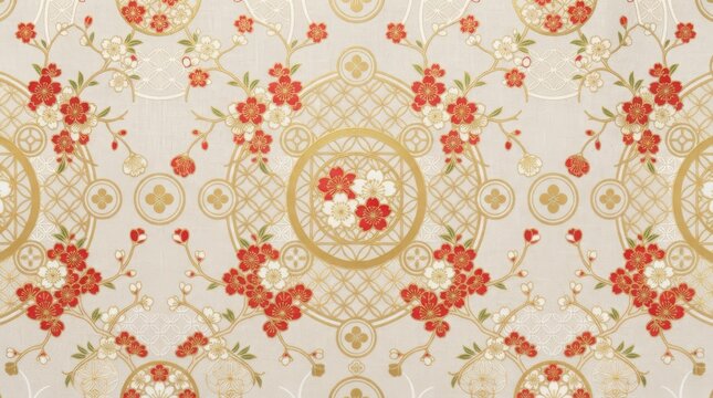 Traditional japanese fabric pattern with red plum blossoms and gold geometric circular motifs on a light beige background