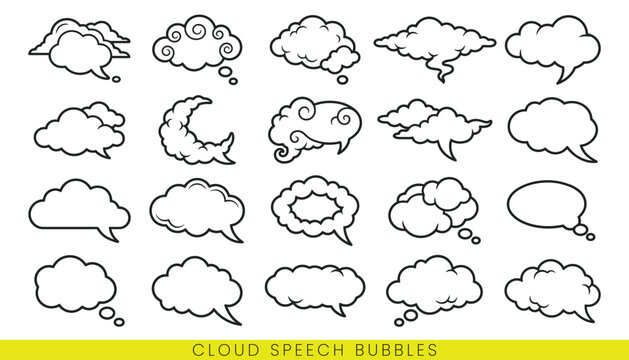 A collection of hand drawn doodle style cloud speech and thought bubble vector icons