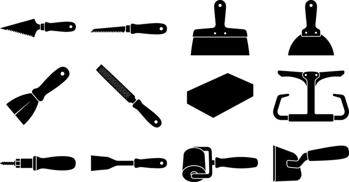 Drywall plastering and masonry finishing hand tools icon set featuring black glyph vector icons