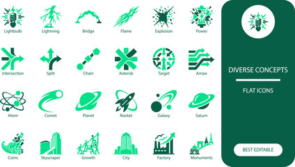 Diverse concepts vector pictogram set. Minimal outline icons of energy, navigation, space, business and landmarks for versatile design use. © MSYSAMIRON